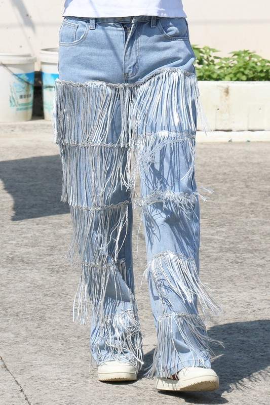 FRINGE DENIM STRAIGHT LEG PANTS