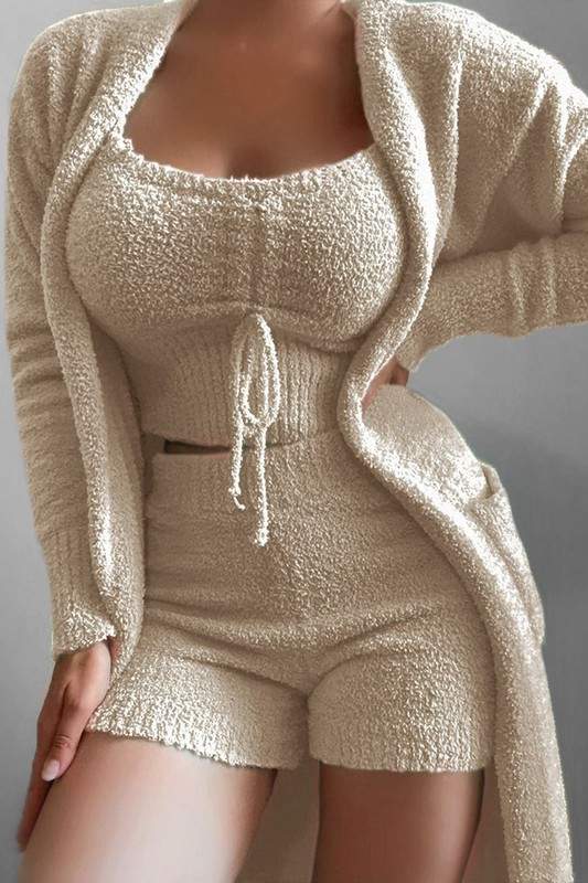 PLUSH KNIT MINI DRESS WITH MATCHING CARDIGAN