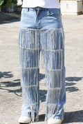 FRINGE DENIM STRAIGHT LEG PANTS