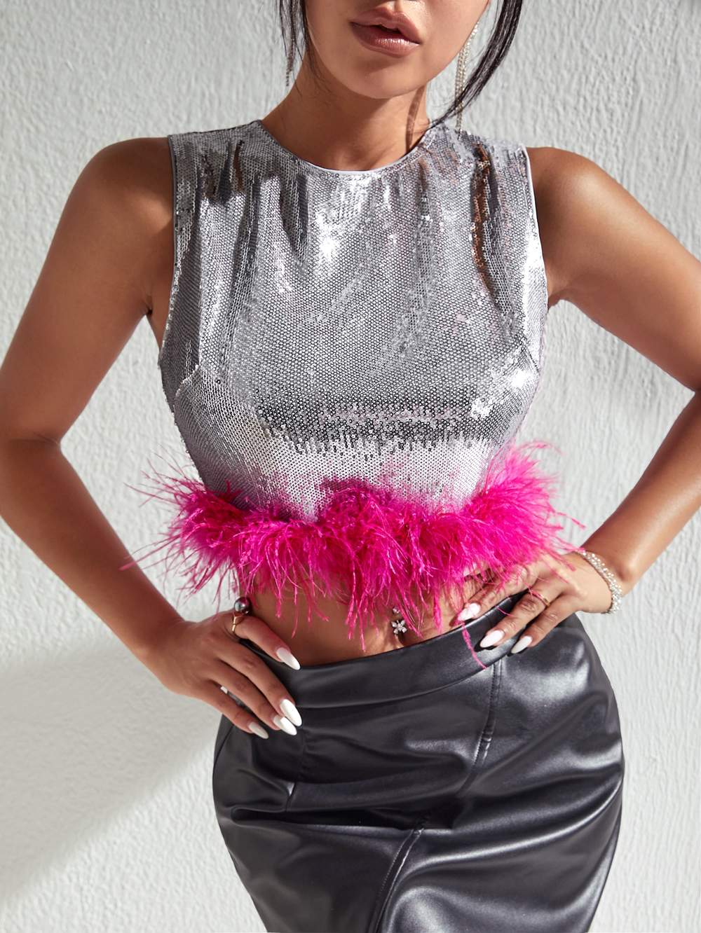 CONTRAST FUZZY SEQUIN TANK CROP TOP