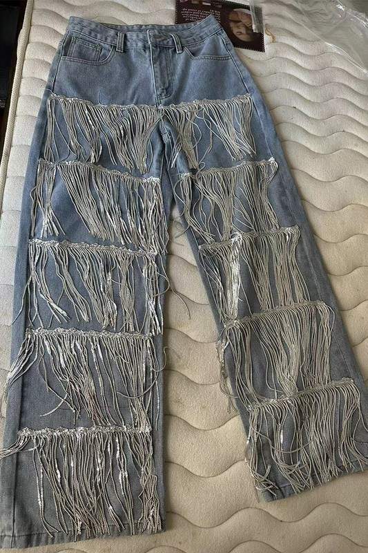 FRINGE DENIM STRAIGHT LEG PANTS