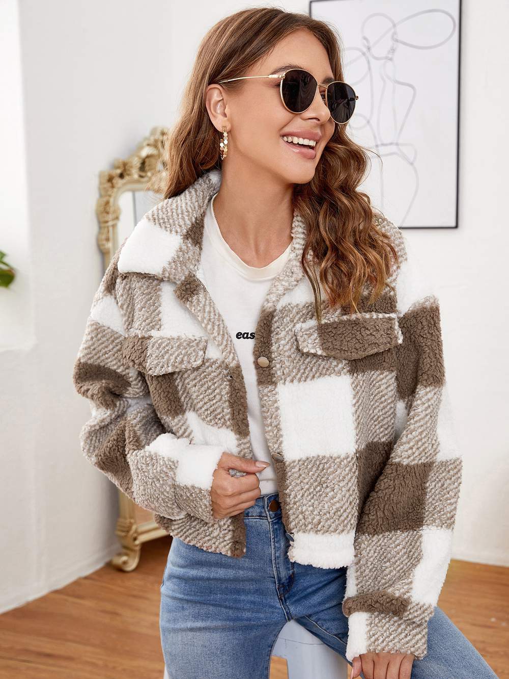 PLAID FLAP DETAIL TEDDY JACKET