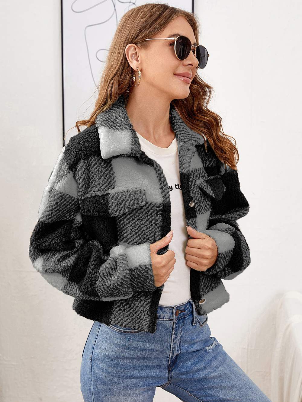 PLAID FLAP DETAIL TEDDY JACKET