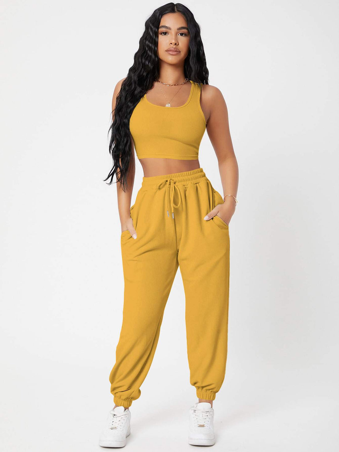 PETITE SOLID CROP TANK TOP AND JOGGERS SET