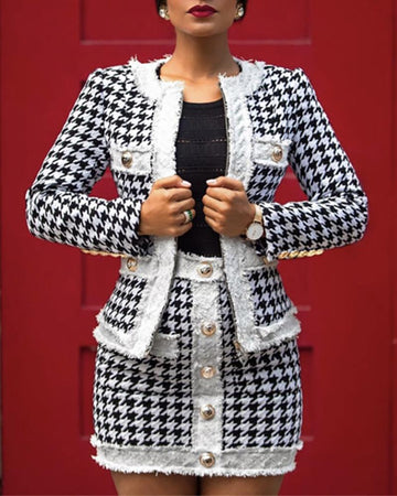 Houndstooth Buttoned Pocket Design Coat High Waist Skirt Set