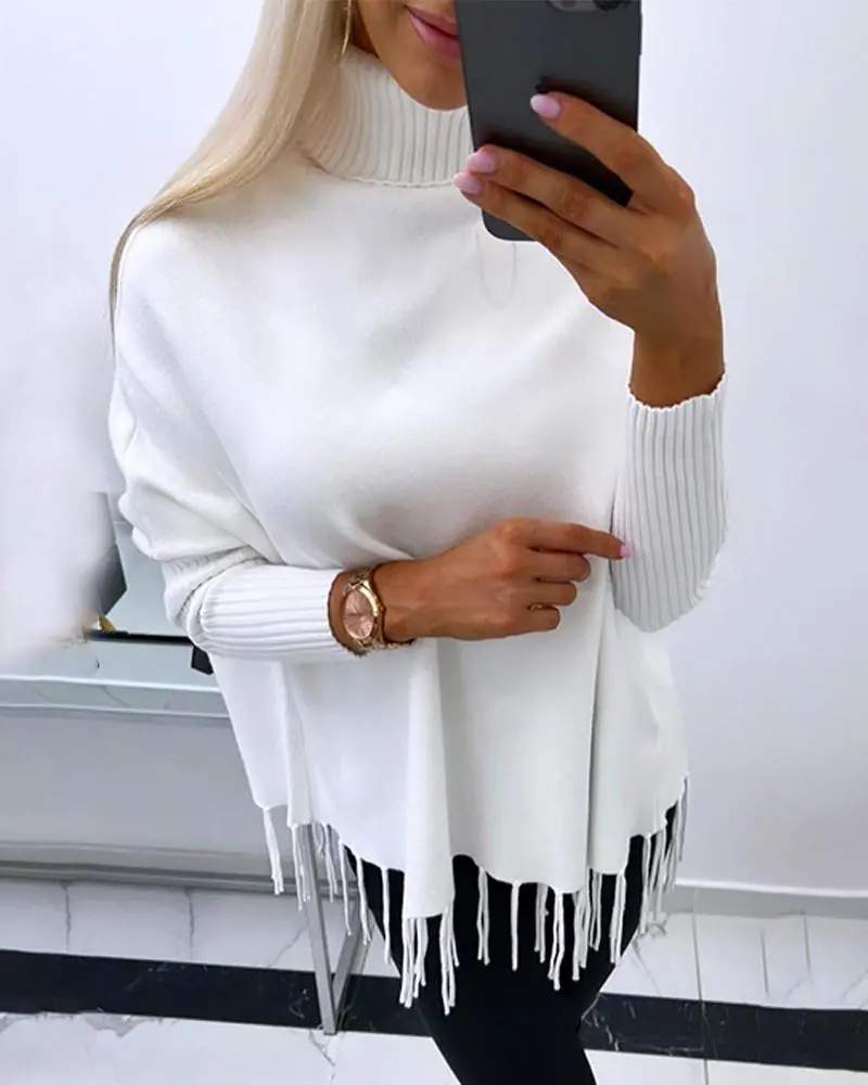 TURTLENECK LONG SLEEVE TASSEL DESIGN KNIT SWEATER