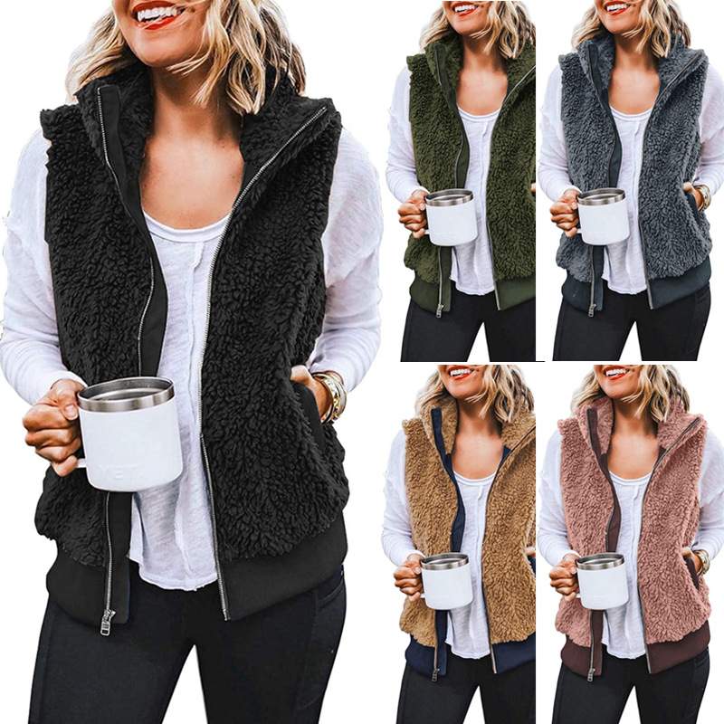 ZIPPER POCKET WARM FURRY VEST COAT FOR WOMEN