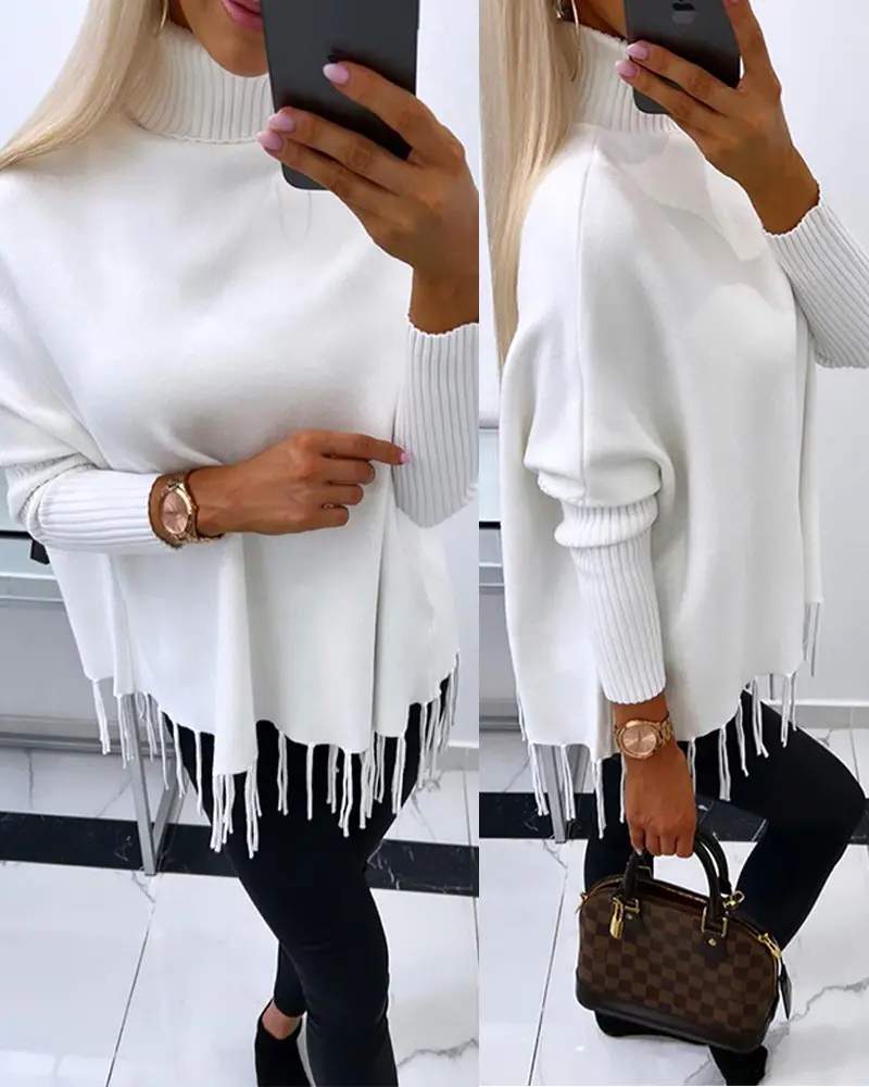 TURTLENECK LONG SLEEVE TASSEL DESIGN KNIT SWEATER