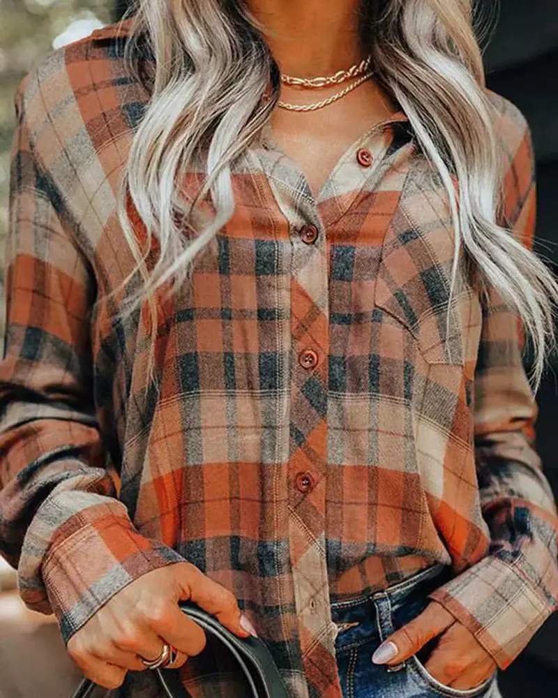 PLAID PRINT LONG SLEEVE BUTTON DOWN SHIRT