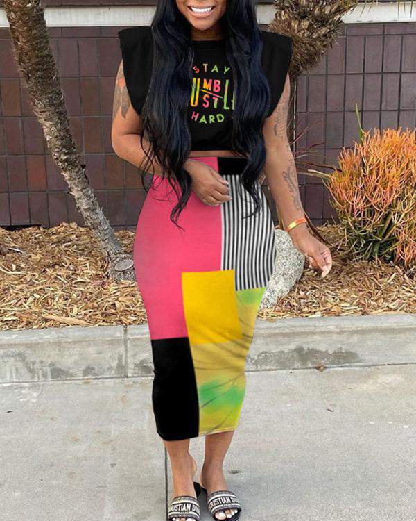 Letter Print Crop Top Colorblock Skirt Set