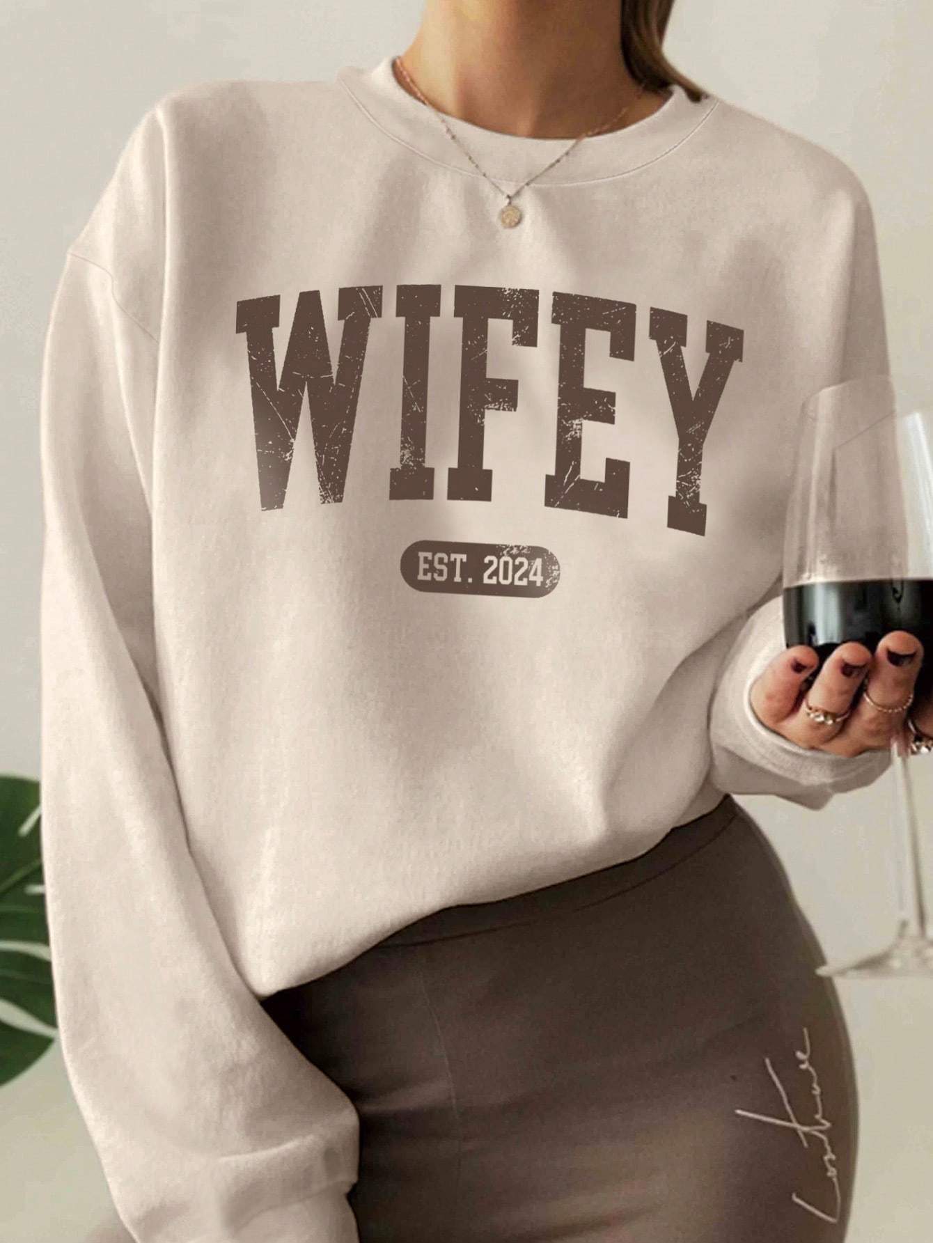 WOMEN S LETTER PRINTED DROP SHOULDER FLEECE SWEATSHIRT