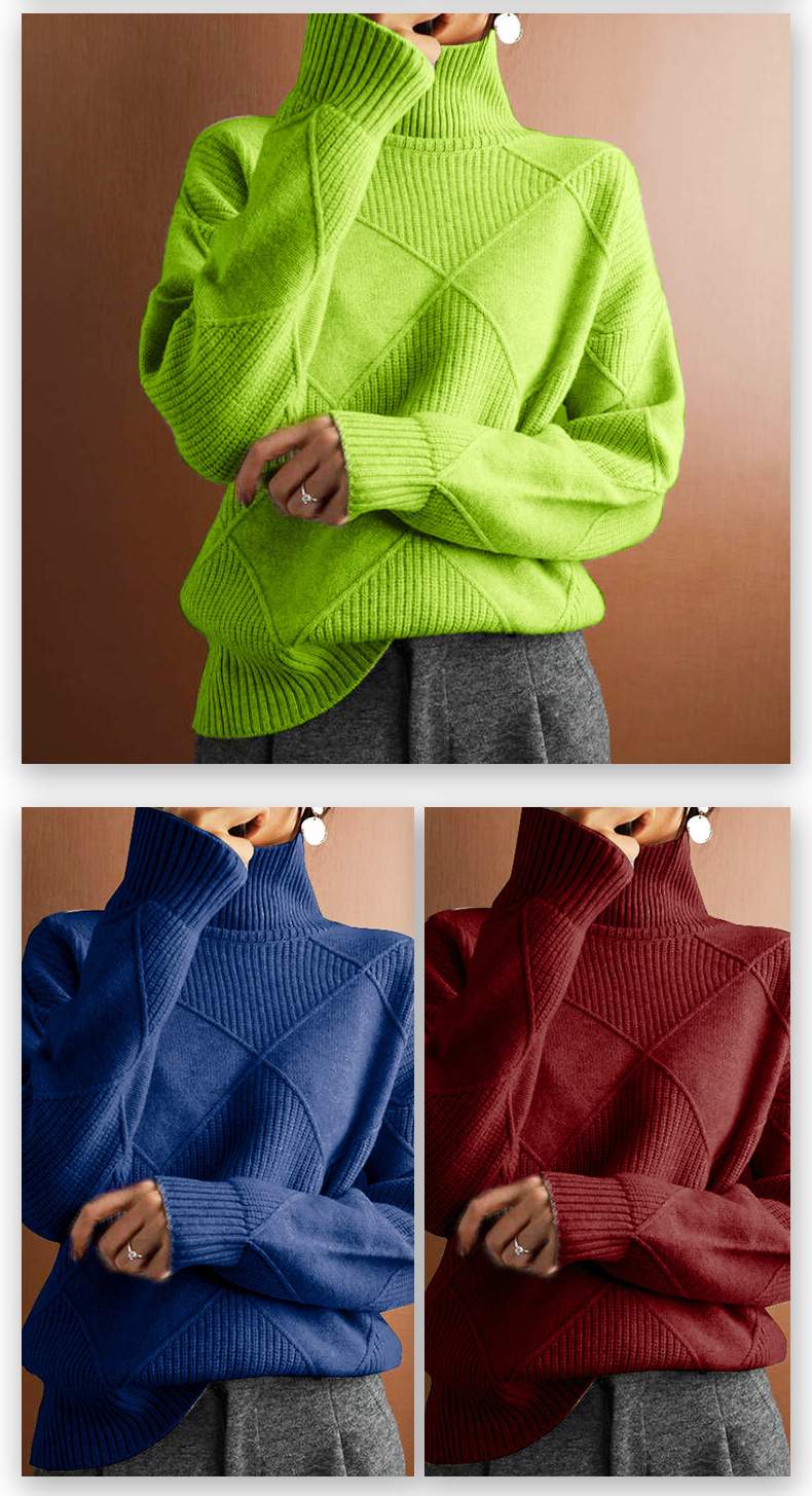  SWEATER LOOSE TURTLENECK WARM SWEATER SOLID COLOR KNITTED PULLOVER TOP