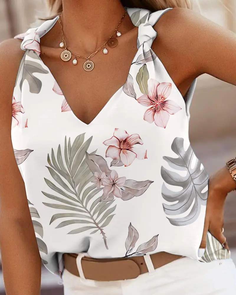 TROPICAL PRINT KNOTTED DETAIL V NECK TANK TOP