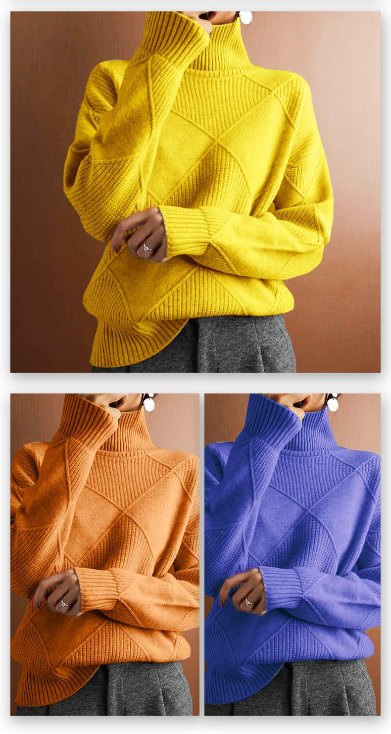  SWEATER LOOSE TURTLENECK WARM SWEATER SOLID COLOR KNITTED PULLOVER TOP