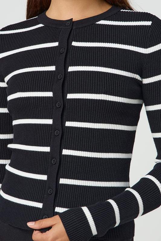 STRIPED RIBBED BUTTON CARDIGAN