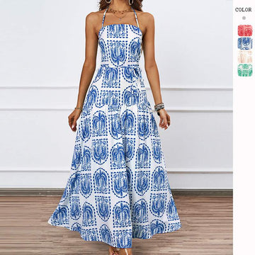 NECK PRINTING BEACH HAWAIIAN DRESS MAXI