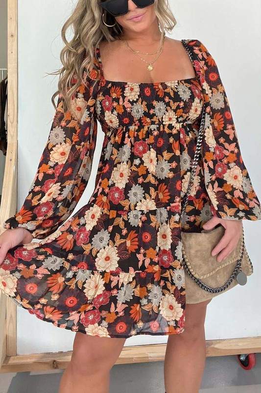 FLORAL SQUARE NECK MINI DRESS