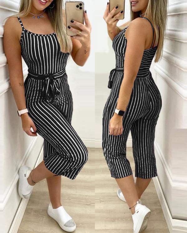 Striped Colorblock Cropped Jumpsuit With Belt