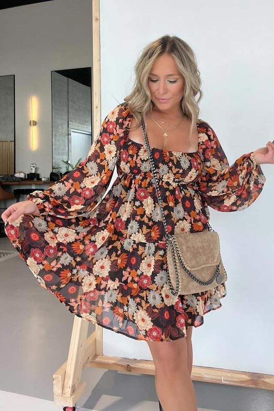 FLORAL SQUARE NECK MINI DRESS