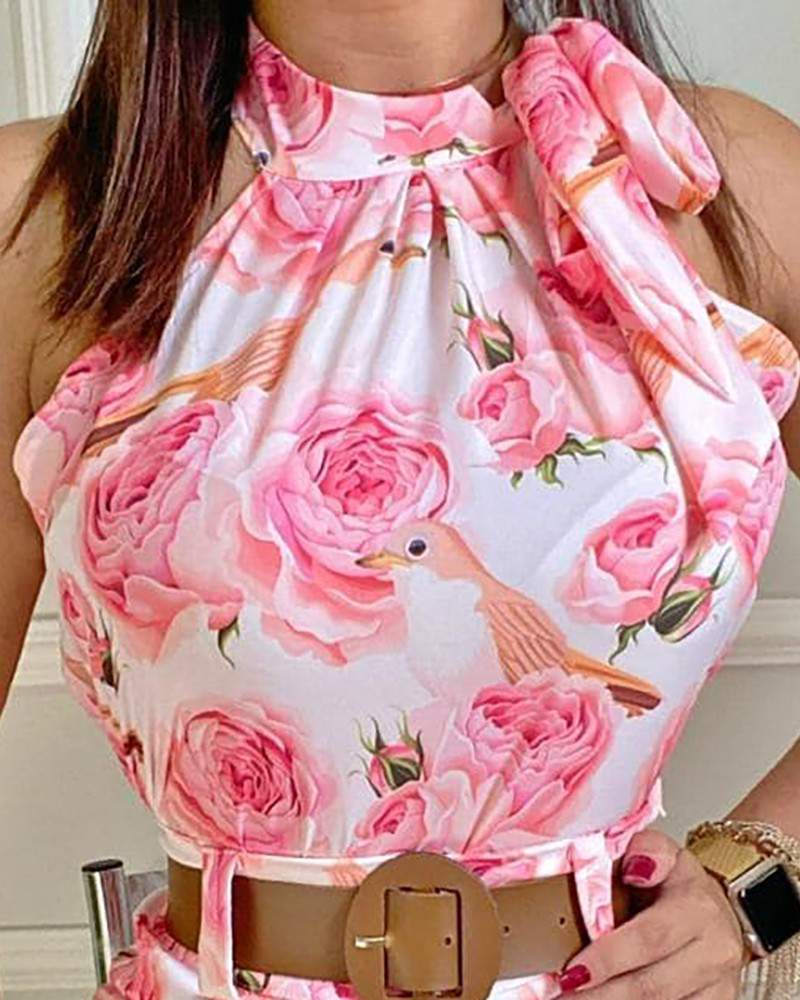 Floral Print Sleeveless Top High Waist Shorts Set