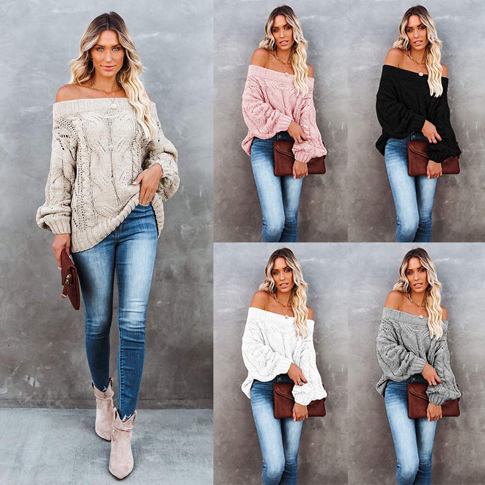  SHOULDER LARGE SIZE LOOSE KNITTED SWEATER ONE CHARACTER COLLAR SOLID COLOR PULLOVER SWEATER 