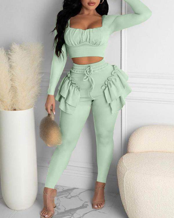 Ruched Crop Top Ruffles Frill Hem Pants Sets