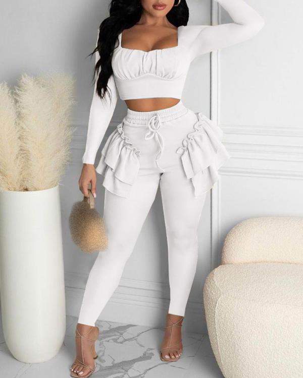 Ruched Crop Top Ruffles Frill Hem Pants Sets