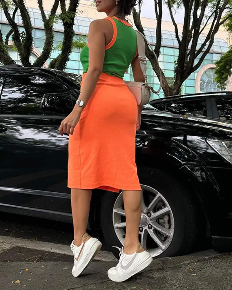 COLORBLOCK SLEEVELESS TOP SIDE SLIT SKIRT SET