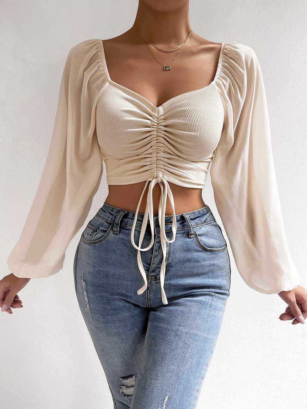 SWEETHEART NECK DRAWSTRING LANTERN SLEEVE CROP TOP