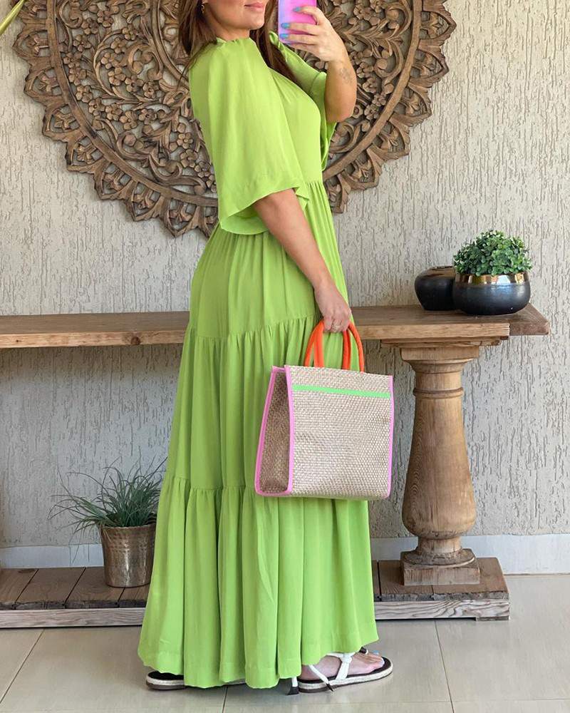 Puff Bell Sleeve Ruched Casual Maxi Dress