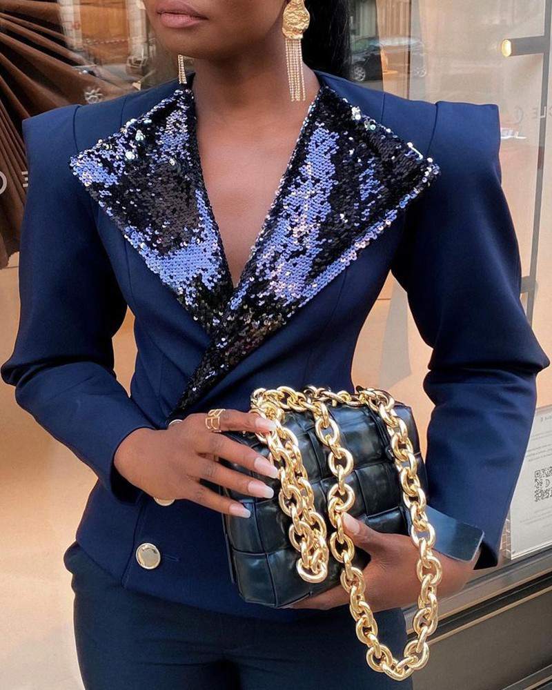 NEW Long Sleeve Buttoned Sequins Blazer Coat