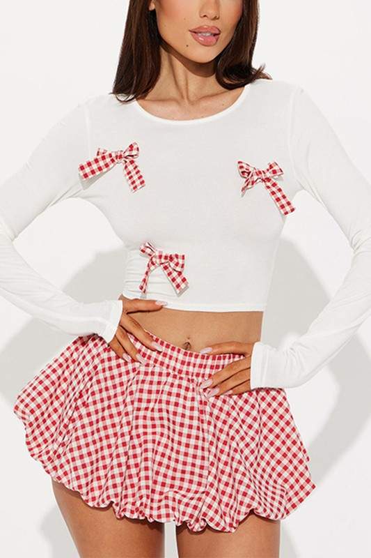 PLAID BOW CROPPED BUBBLE SKIRT SETS