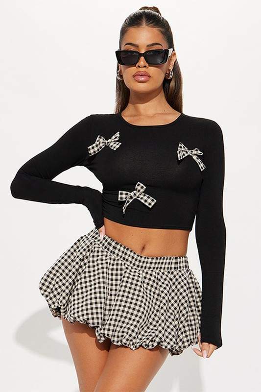 PLAID BOW CROPPED BUBBLE SKIRT SETS