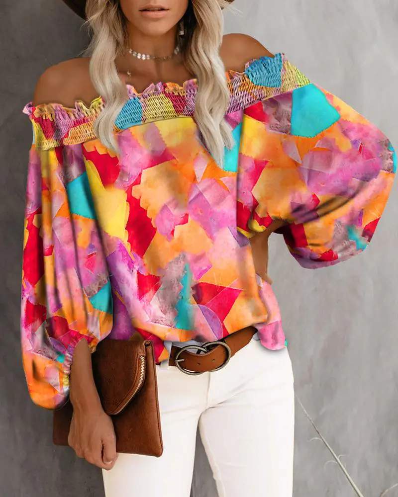 TIE DYE FRILL TRIM OFF SHOULDER LANTERN SLEEVE BLOUSE