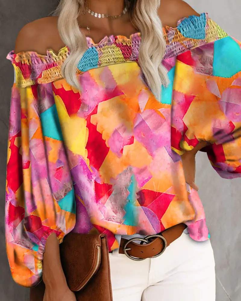 TIE DYE FRILL TRIM OFF SHOULDER LANTERN SLEEVE BLOUSE