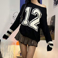 STYLE STREET PERSONALITY CONTRAST COLOR LETTER KNITTED OFF SHOULDER SWEATER SPICE GIRLS LOOSE ALL MATCH PULLOVER SWEATER