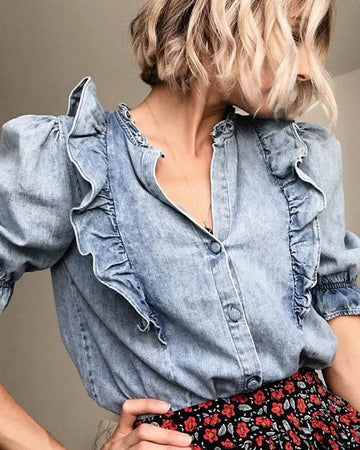 RUFFLES FRILL HEM BUTTONED DENIM TOP