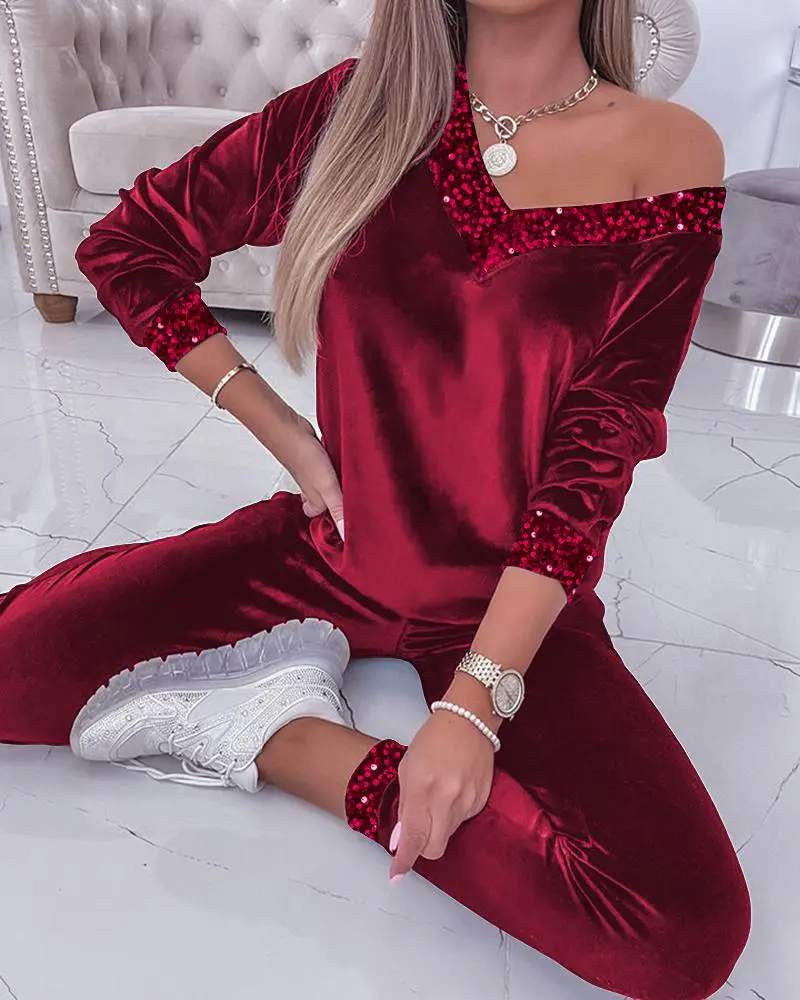 CONTRAST SEQUIN VELVET TOP PANTS SET