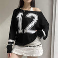 STYLE STREET PERSONALITY CONTRAST COLOR LETTER KNITTED OFF SHOULDER SWEATER SPICE GIRLS LOOSE ALL MATCH PULLOVER SWEATER