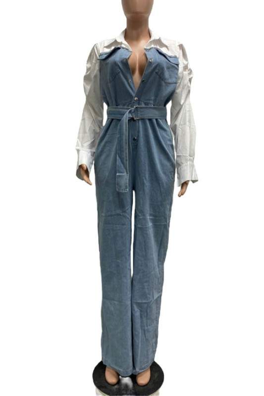 LONG SLEEVE WAIST TIE DENIM JUMPSUIT