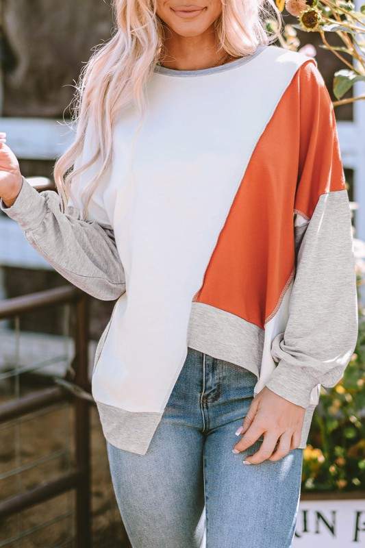 COLORBLOCK STITCHING IRREGULAR HEM LONG SLEEVE TOP