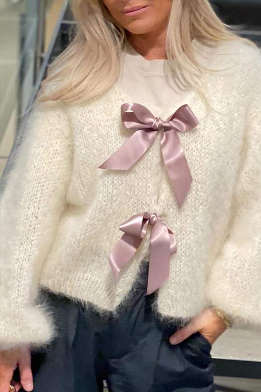 BALLOON SLEEVE KNIT CARDIGAN WITH BOW ACCENTS