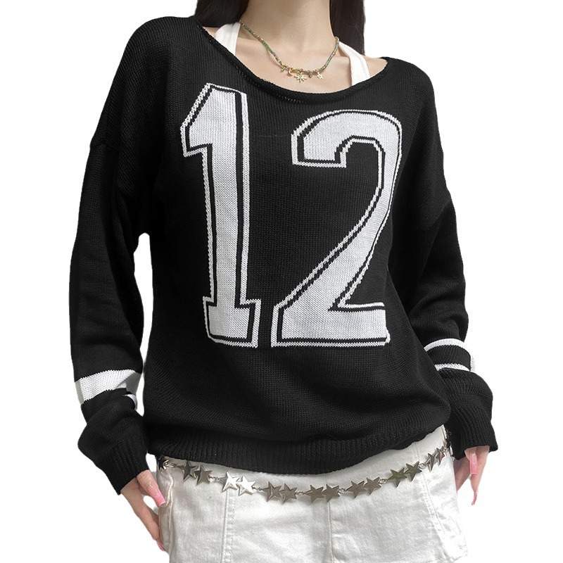 STYLE STREET PERSONALITY CONTRAST COLOR LETTER KNITTED OFF SHOULDER SWEATER SPICE GIRLS LOOSE ALL MATCH PULLOVER SWEATER