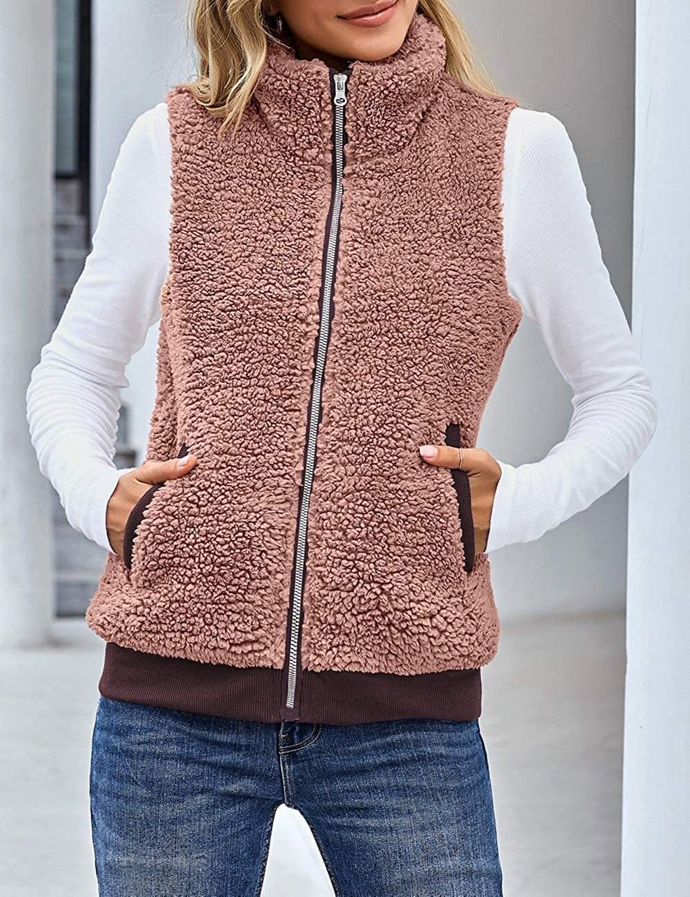 ZIPPER POCKET WARM FURRY VEST COAT FOR WOMEN