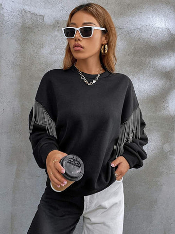 SOLID FRINGE DETAIL DROP SHOULDER SWEATSHIRT