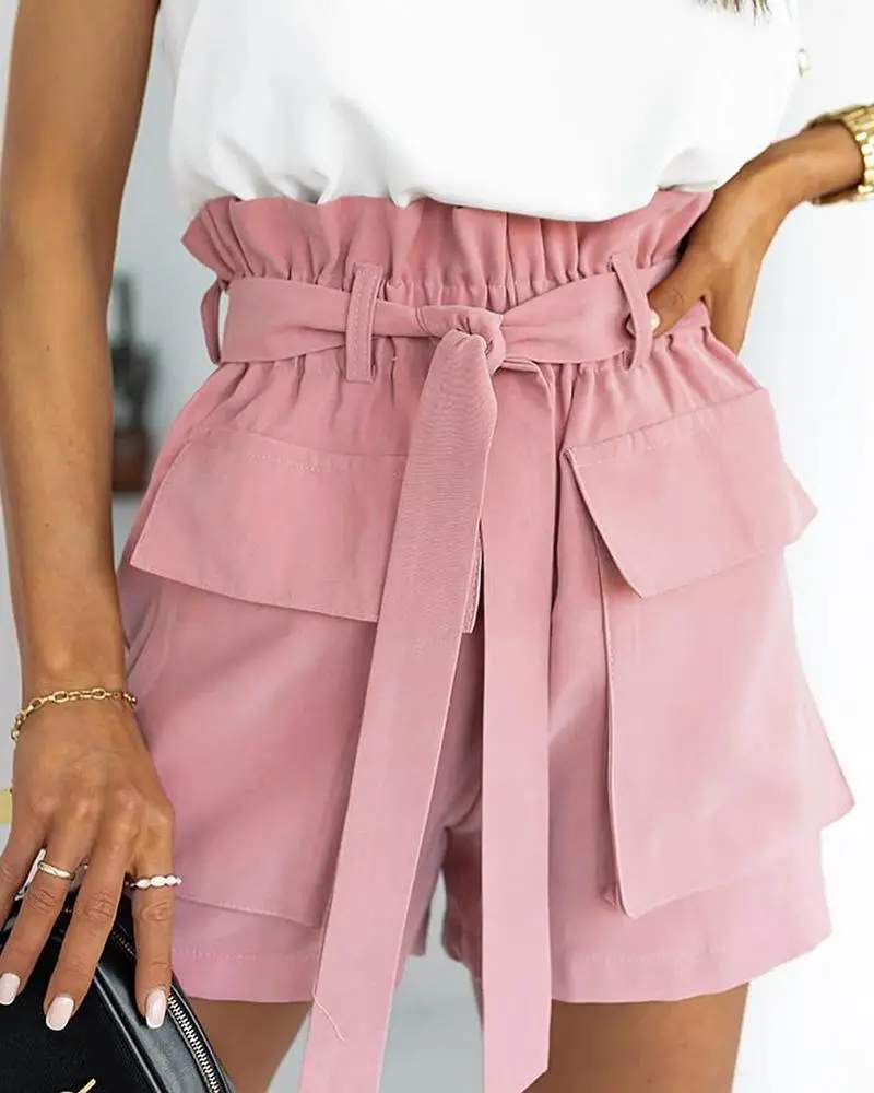 FRILL HEM POCKET DECOR HIGH WAIST SHORTS WITH BELT