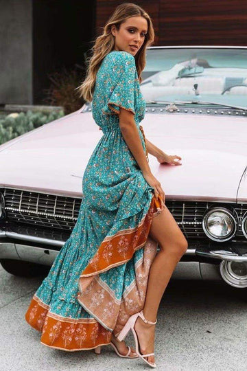 MINI POMPON BOHEMIAN FLORAL PRINT MAXI DRESS