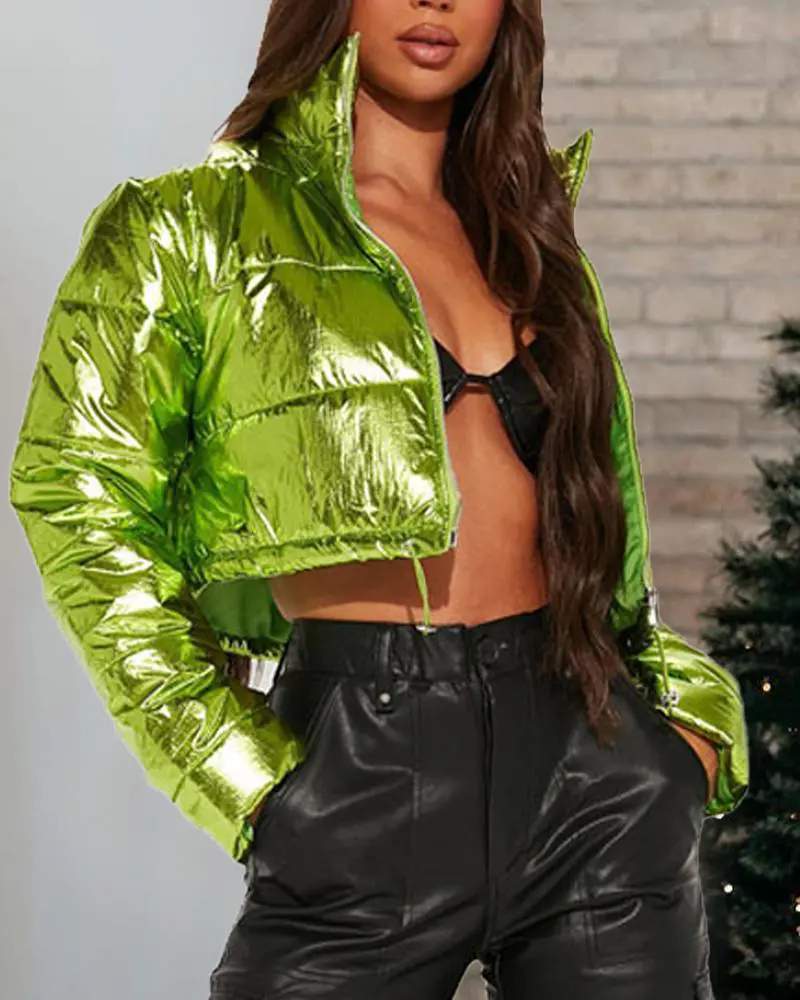 LONG SLEEVE DRAWSTRING ZIP UP PUFFER JACKET