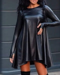 LONG SLEEVE THUMB HOLE PU LEATHER SMOCK DRESS