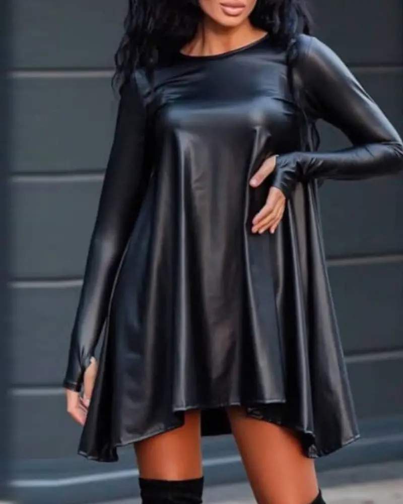 LONG SLEEVE THUMB HOLE PU LEATHER SMOCK DRESS